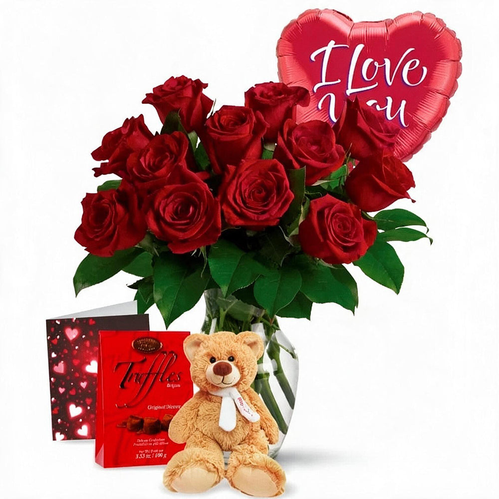 Ensemble Romantique - Roses Rouges et Ours en Peluche