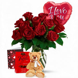 Ensemble Romantique - Roses Rouges et Ours en Peluche