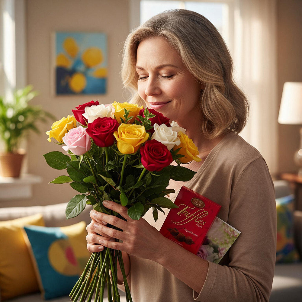 Ensemble "Pour Maman II" - 12 Roses Assorties Colorées