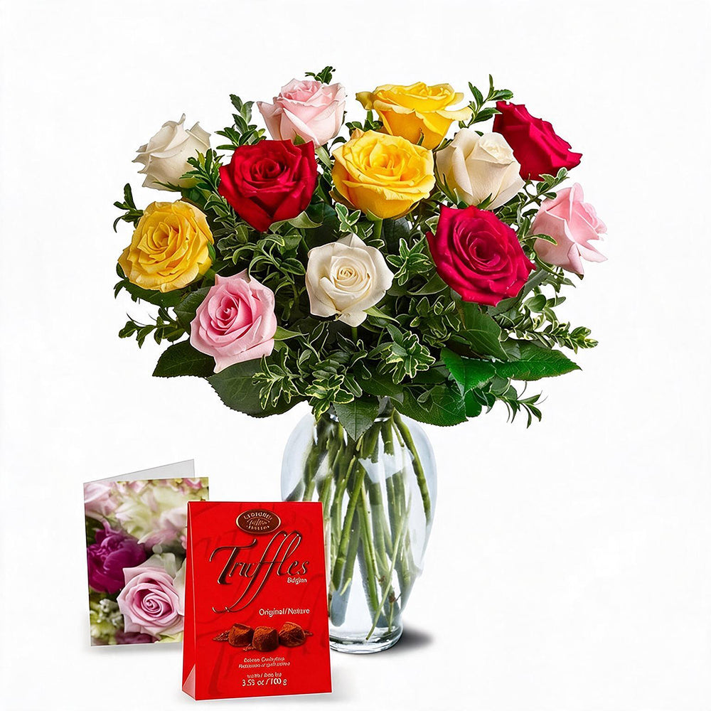 Ensemble "Pour Maman II" - 12 Roses Assorties Colorées