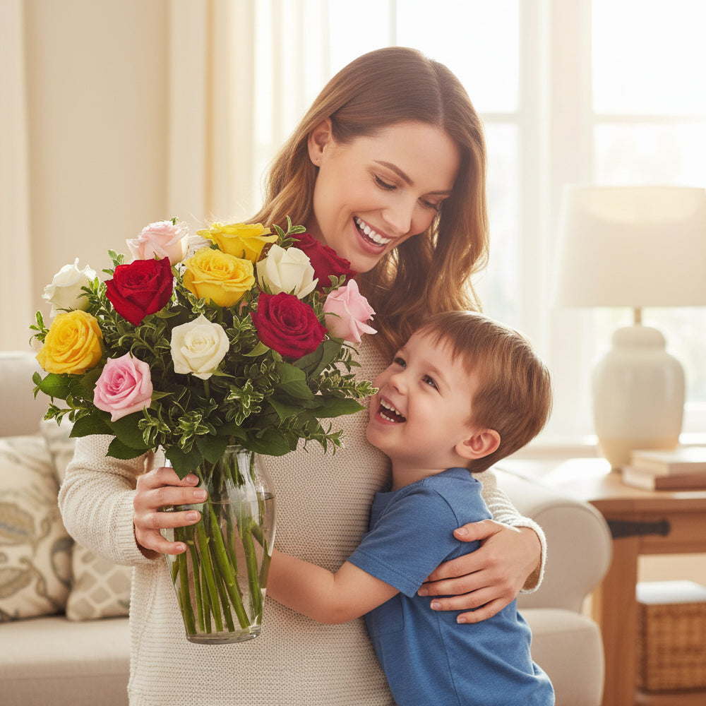 Ensemble "Pour Maman" - 12 Roses Assorties Colorées