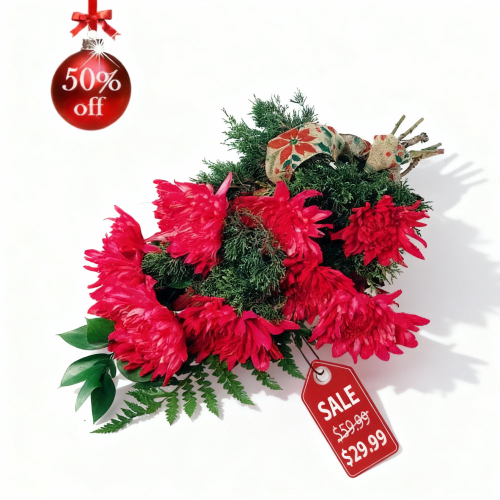 Étreinte festive de Noël : Bouquet Noué à la Main, Fleurs & Ruban