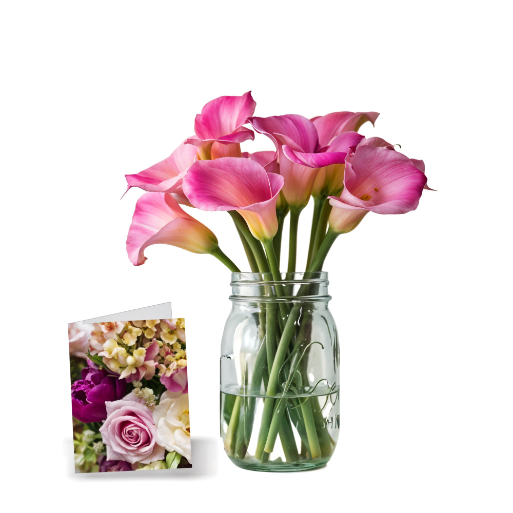 Ensemble Luxueux de Lys Calla Roses (8 Tiges) en Pot Mason