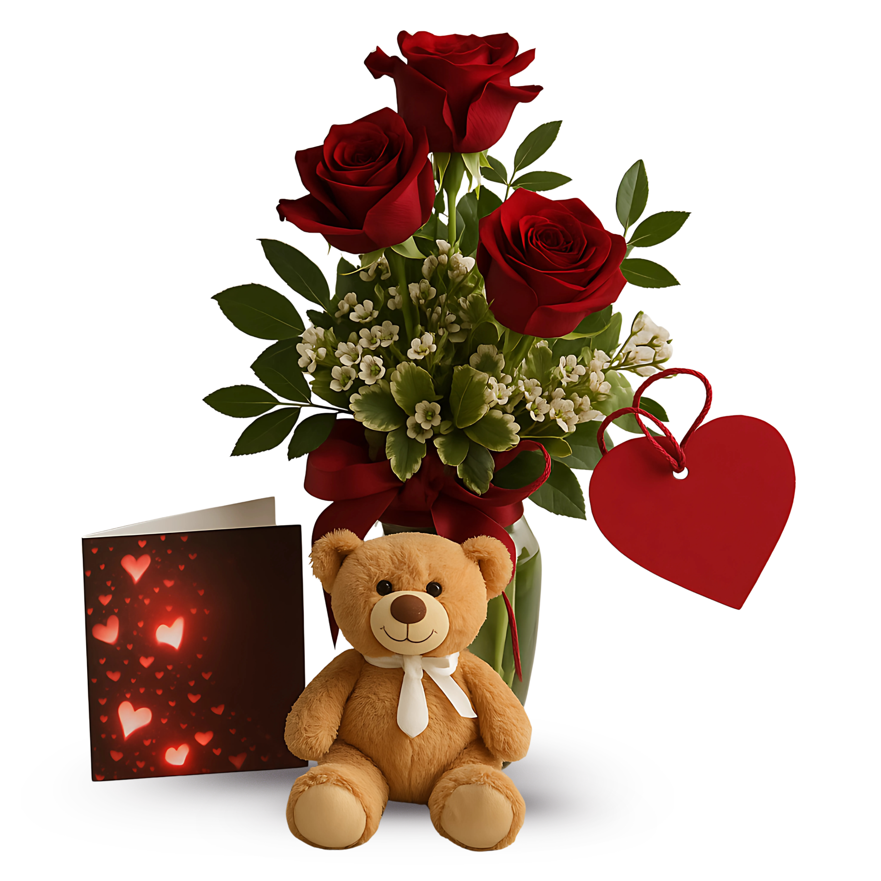 Coffret cadeau romantique roses et ours en peluche