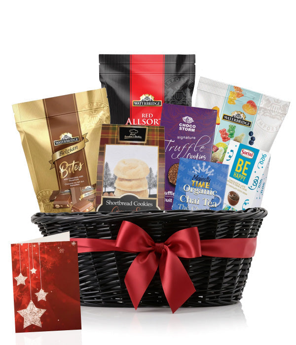 Gourmet basket with gourmet treats and a card.