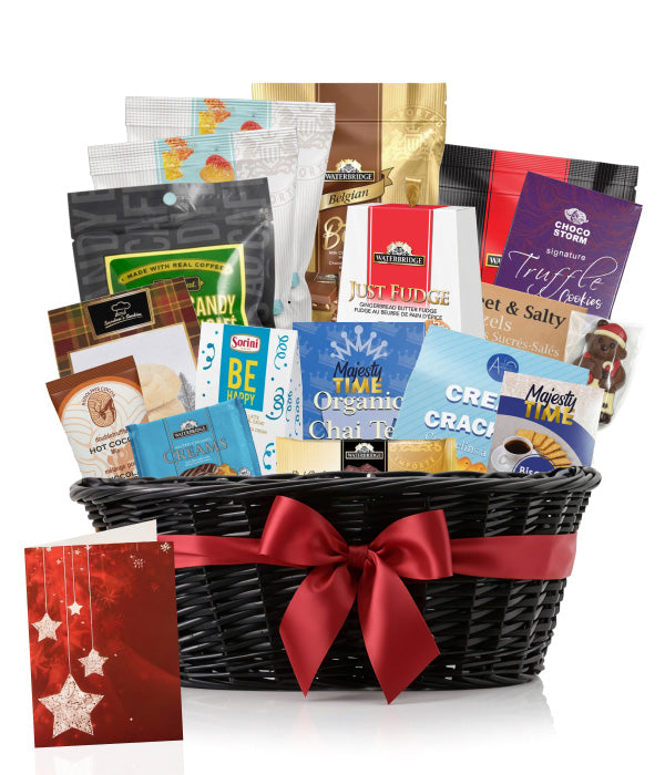 Gourmet gift basket with treats, card, and red bow.