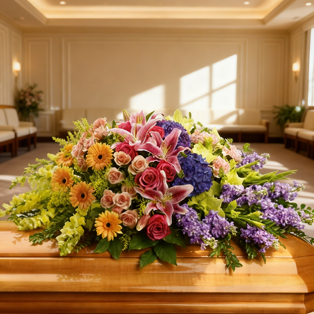 "Sweet Memories" Casket Spray - Multicolored Roses - Funeral