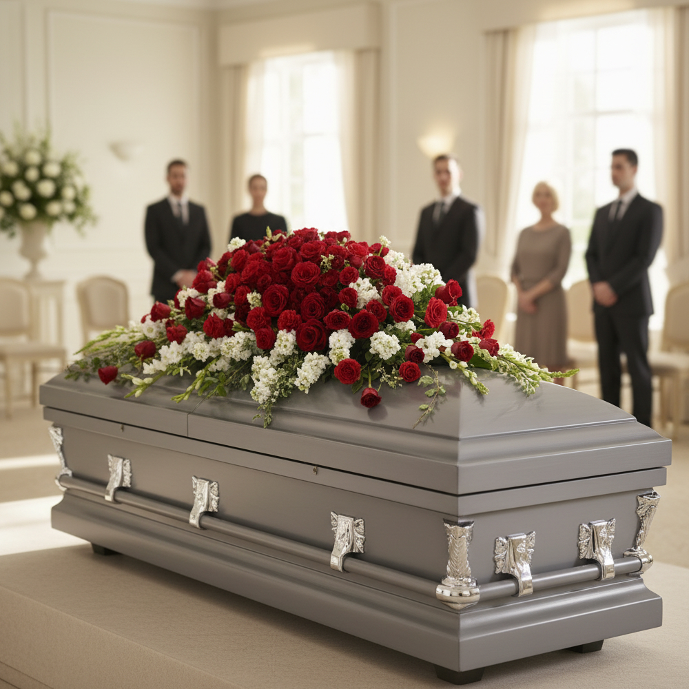 Elegant Bouquet of Red and White Roses - Funeral