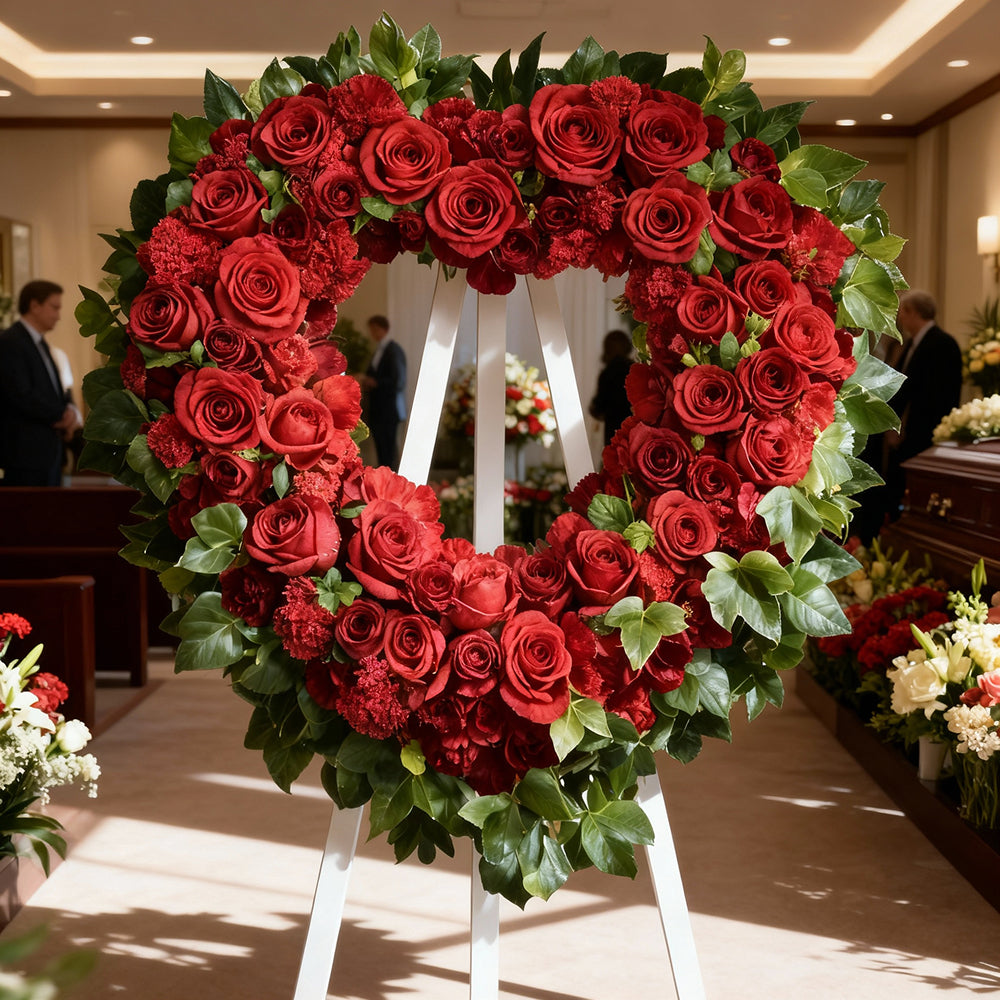 Grande Couronne Funéraire en Cœur "Cœur Béni" (24") - Roses Rouges & Œillets