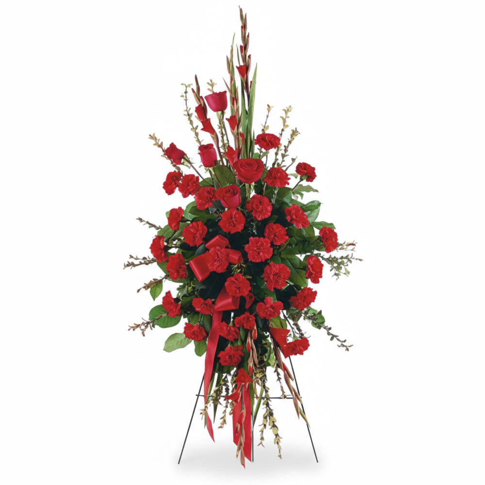 Gerbe "Chaleureux Souhaits": Roses rouges, mufliers & œillets (23x46 po)