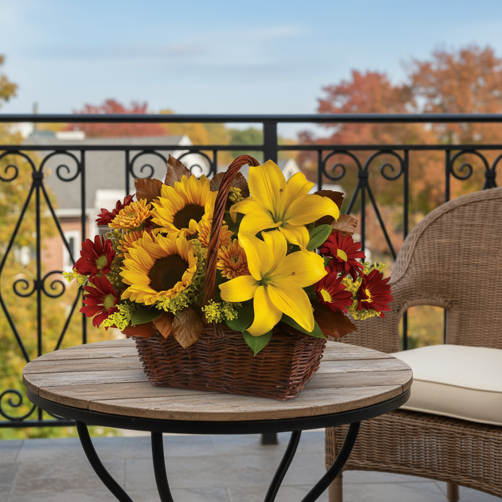 Panier Floral d'Automne - Tournesols, Lys et Roses - Action de Grâce