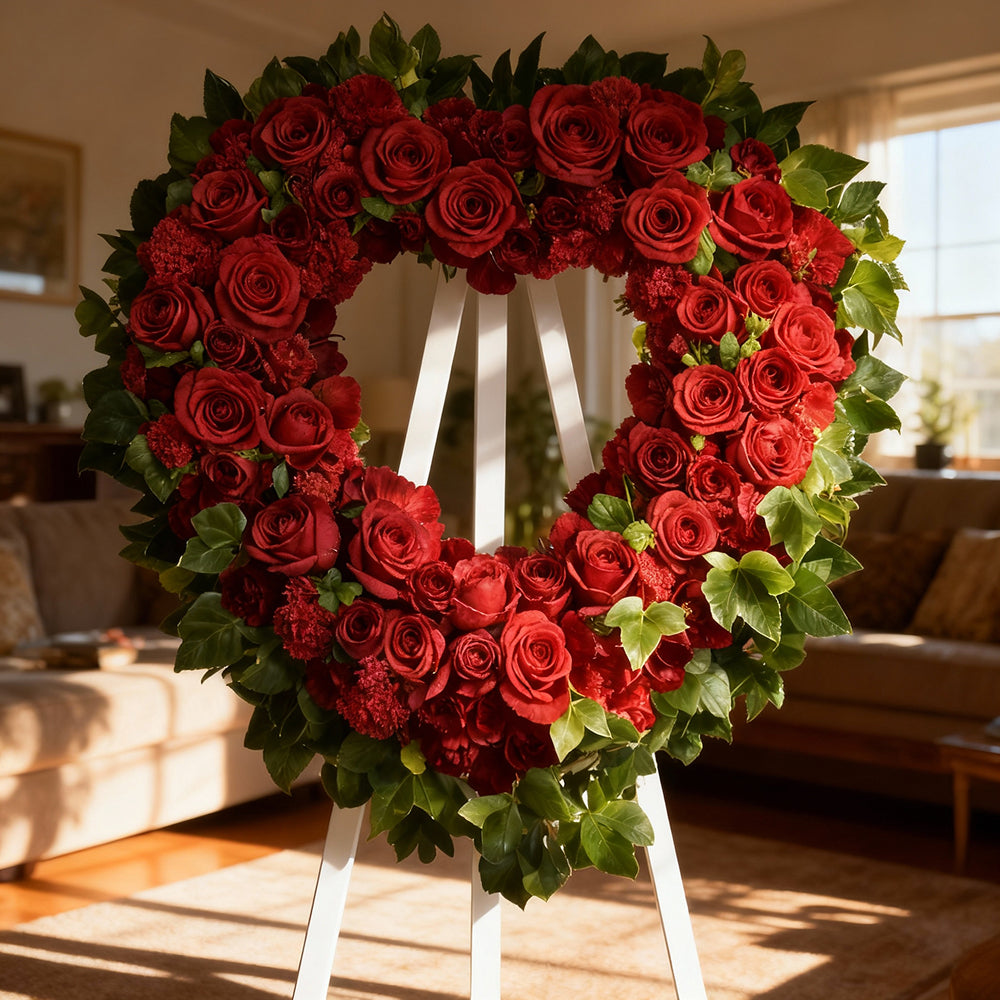 Grande Couronne Funéraire en Cœur "Cœur Béni" (24") - Roses Rouges & Œillets
