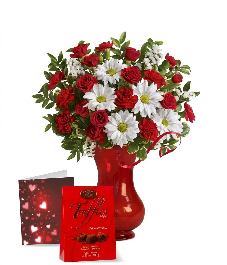 Romantic Set: Red Roses, Gourmet Truffles & Card - Sweet Romance I
