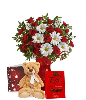 Ensemble Exclusif Amoureux : Roses Rouges, Œillets, Truffes & Ours en Peluche  - Romance Douce III
