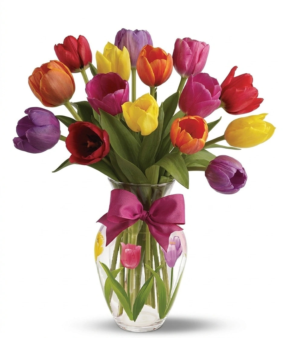 "Spring Tulips" Bouquet - Yellow, Red, White and Orange Roses