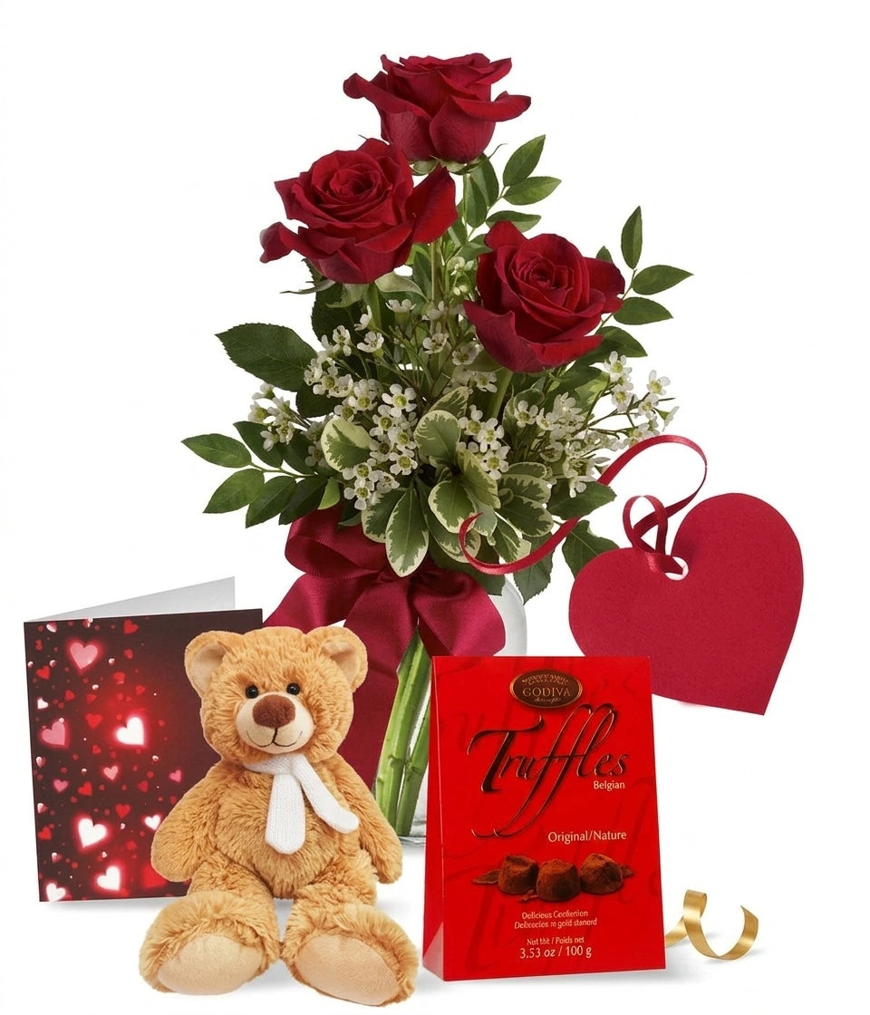 Ensemble de Luxe: Roses Rouges, Ours en Peluche et Truffes