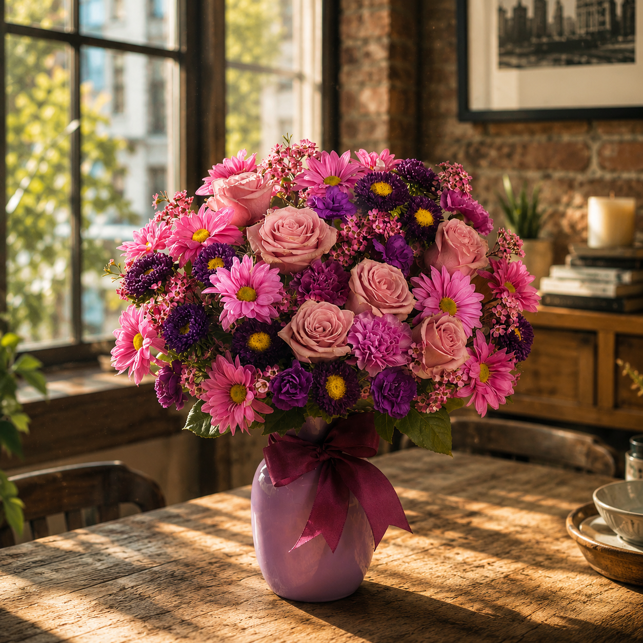 "Love and Laughter" Bouquet - Lavender Roses and Violets - Birthday
