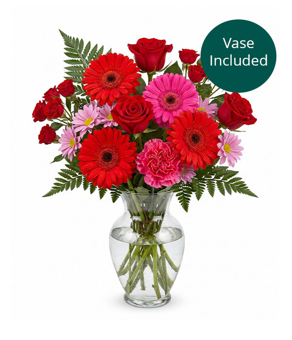 Bouquet Bombe cerise avec vase Fleur Québec