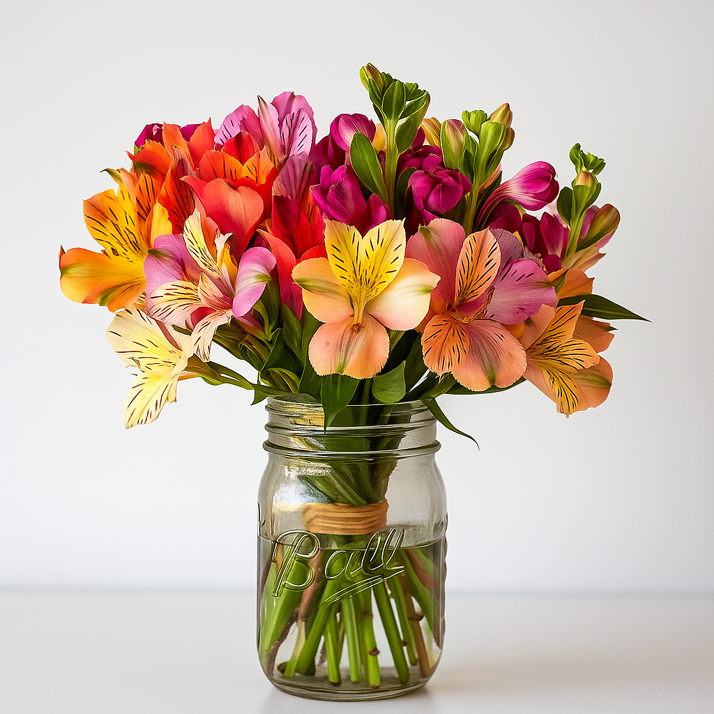 Bouquet coloré d’Alstroemeria en pot Mason - 30 fleurs