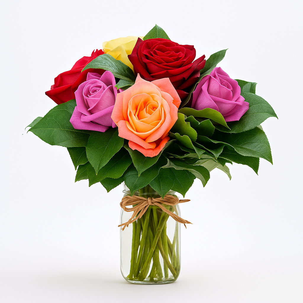 Bouquet de roses assorties dans un pot Mason - une demi-douzaine d’arrangements floraux