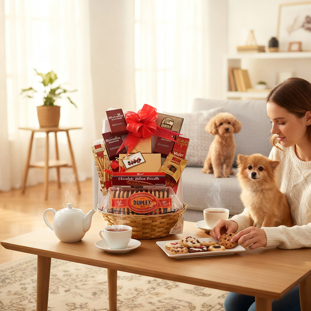 Panier Cadeau Premium Personnalisé - Chocolats, Biscuits, Thés et Cafés