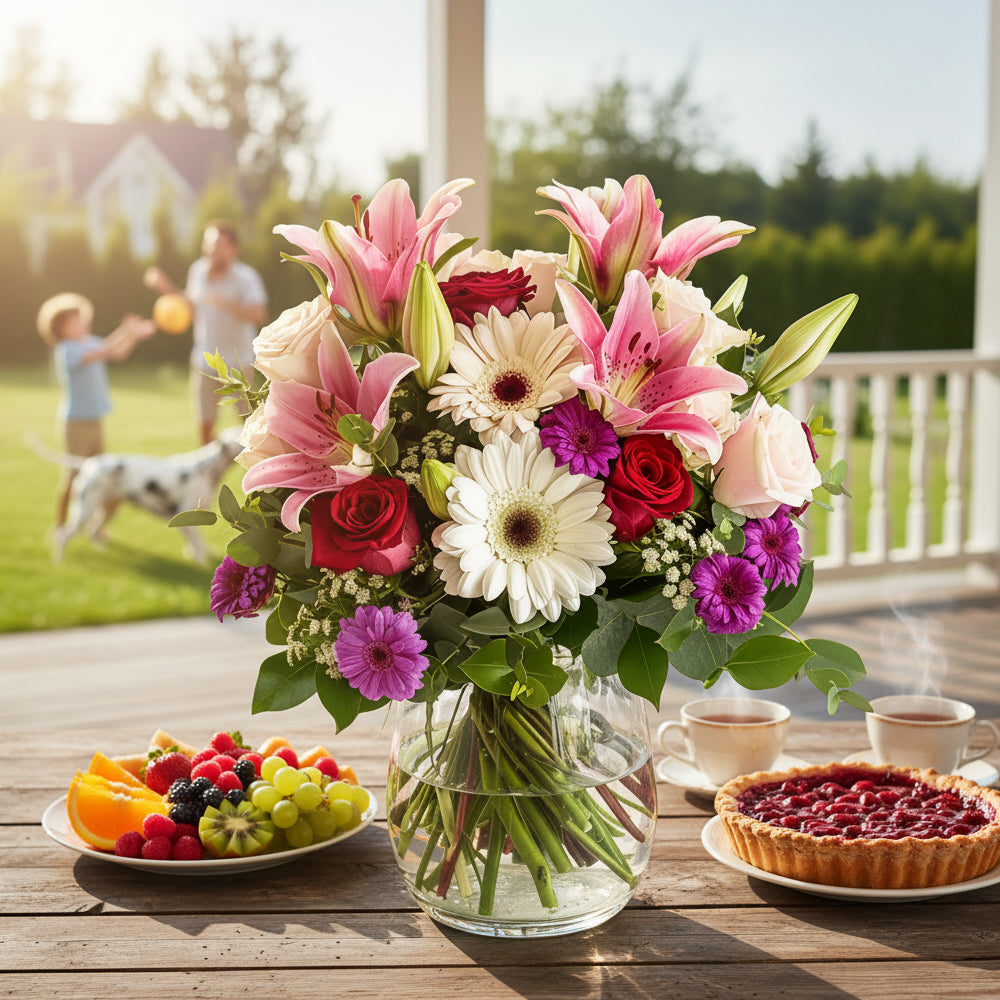 Panier Festif - Gerberas, Lys et Roses - Toutes Occasions