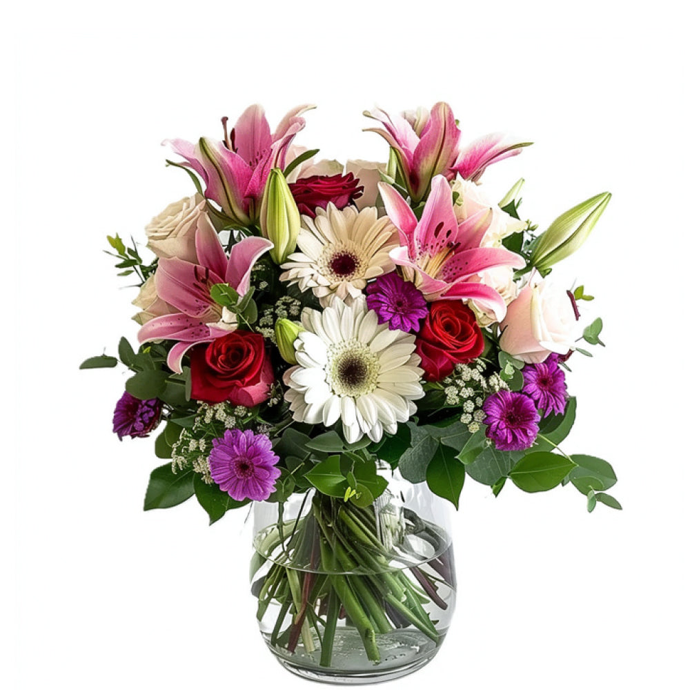 Panier Festif - Gerberas, Lys et Roses - Toutes Occasions