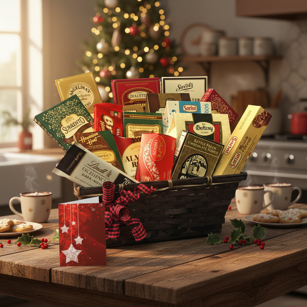 Panier Cadeau Premium de Chocolats, Biscuits et Gelées - Noël Collection III