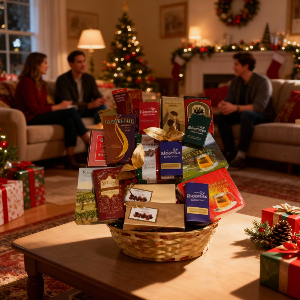 Panier Cadeau Festif - Chocolats, Biscuits et Fromages - Noël