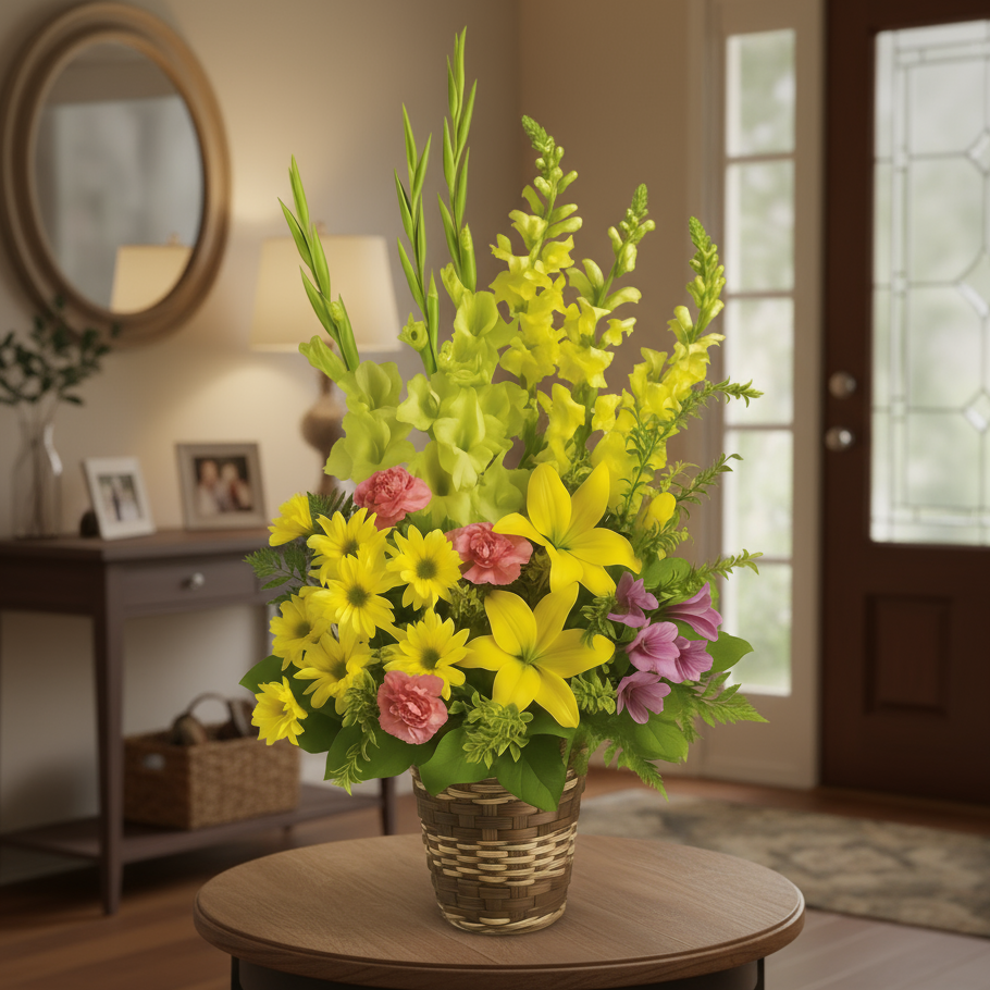Panier Floral - Lys Jaunes, Mufliers et Chrysanthèmes - Toutes Occasions