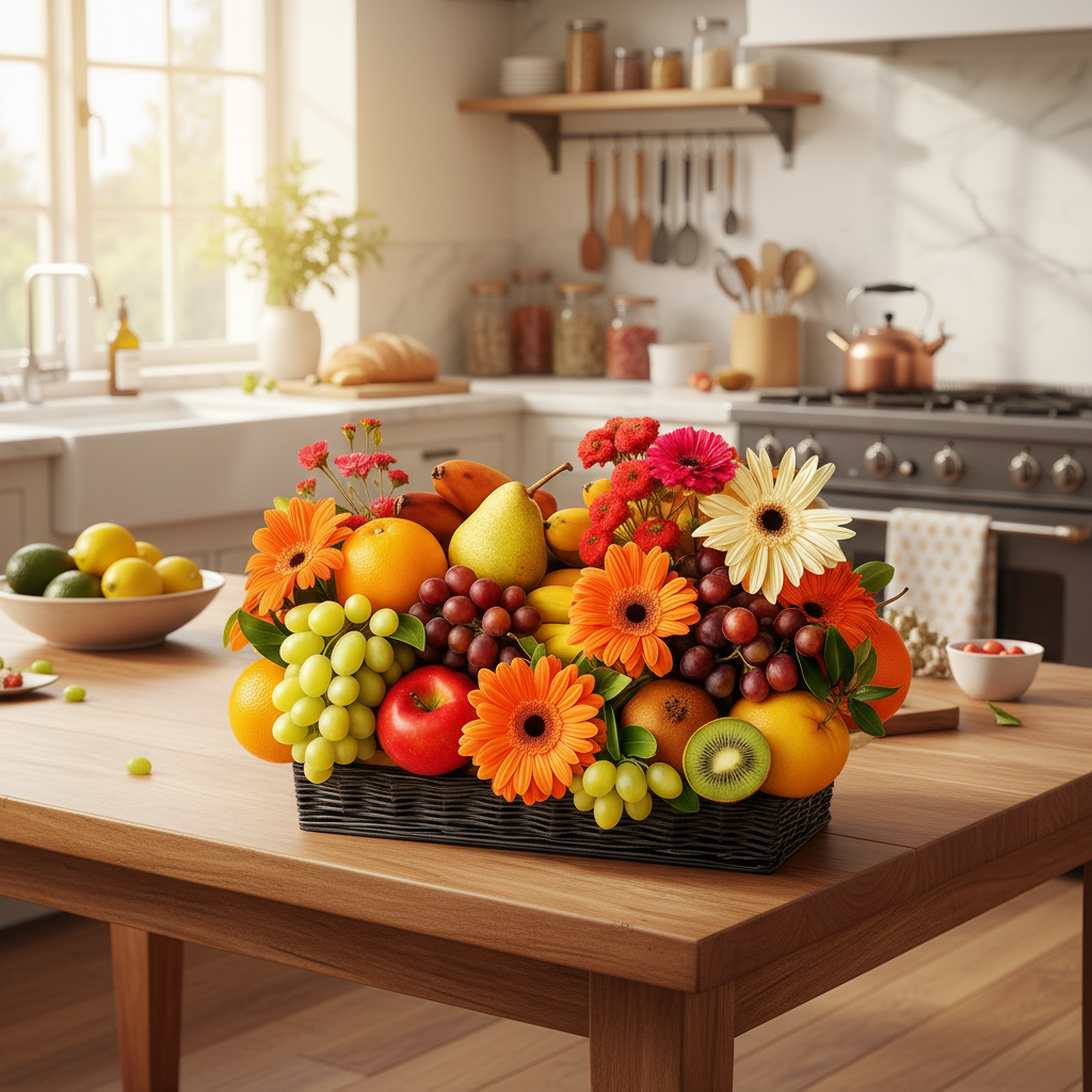 Panier Cadeau "Pureté et Sérénité" - Fruits Frais et Fleurs en Pot Mason