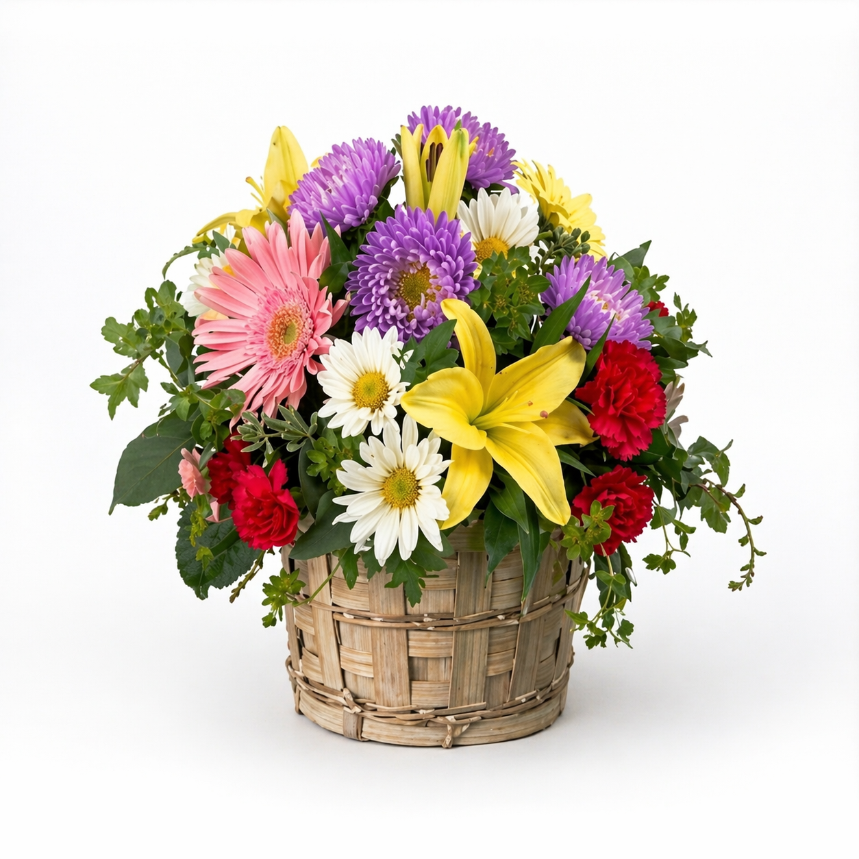 Panier Floral "Joie Vibrante" - Lys, Roses et Gerberas - Félicitations