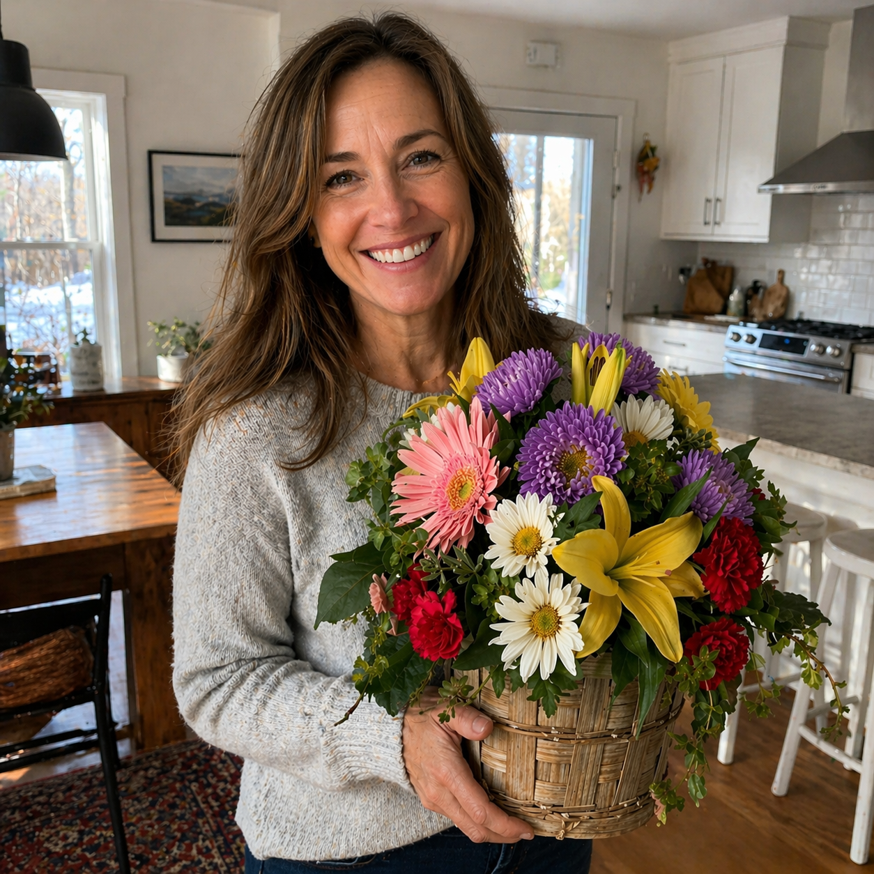 Panier Floral "Joie Vibrante" - Lys, Roses et Gerberas - Félicitations