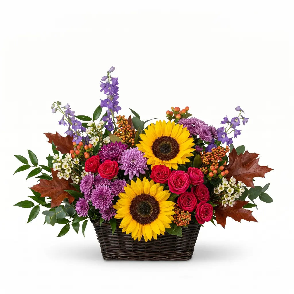Panier Floral Vibrant - Roses, Tournesols, Mufliers et Asters