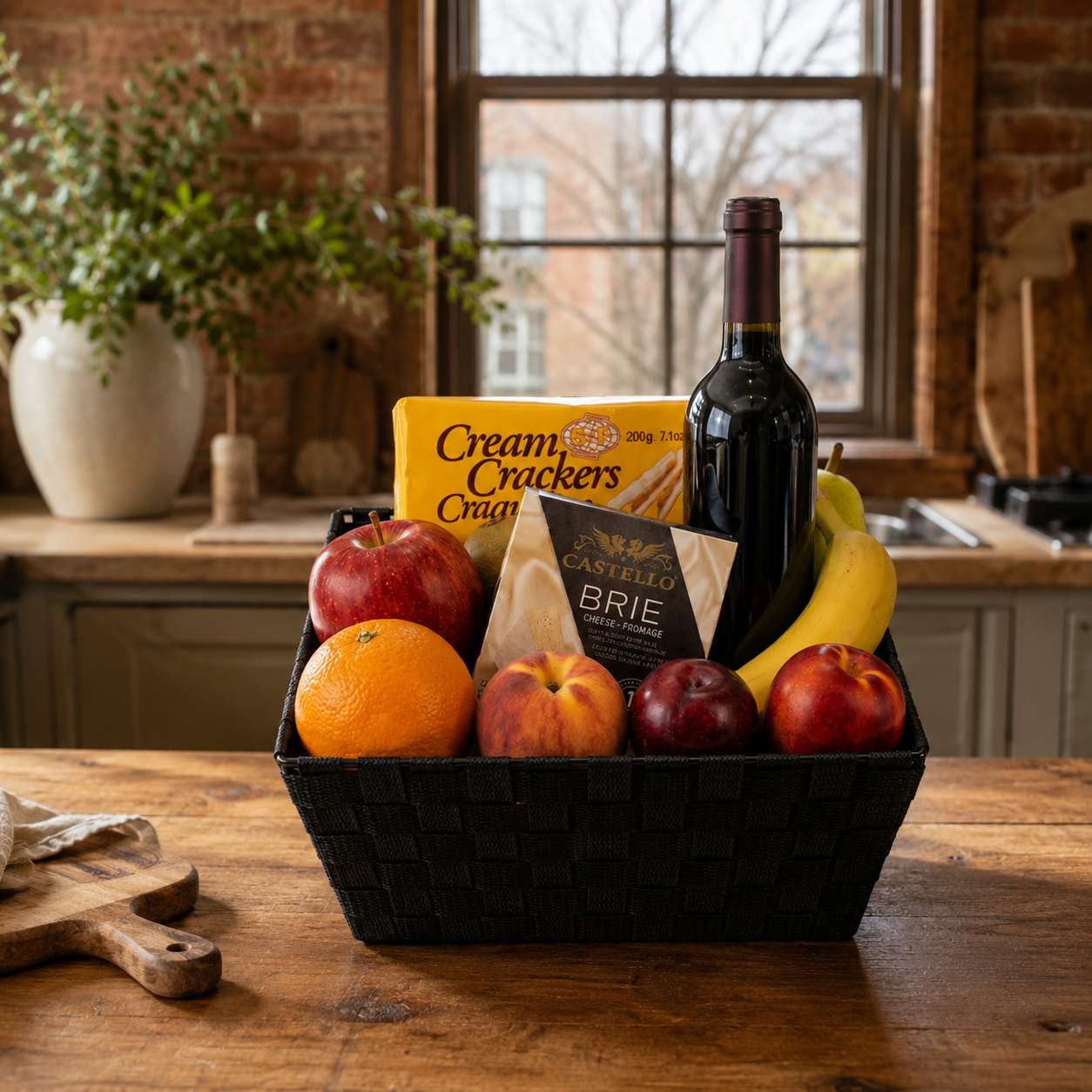 Panier de fruits, vin rouge et fromage