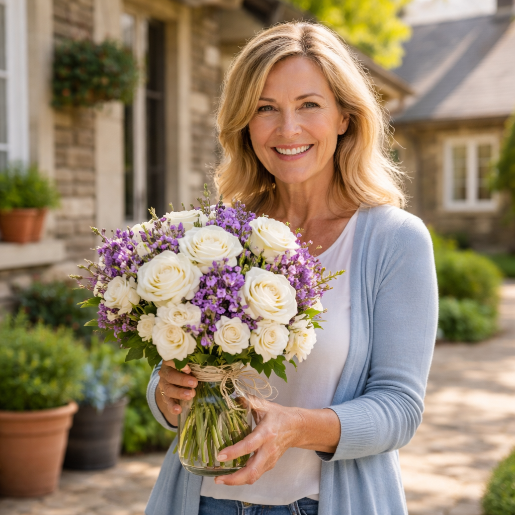 Pot Mason "Chalet Magique" - Roses Blanches et Lavande