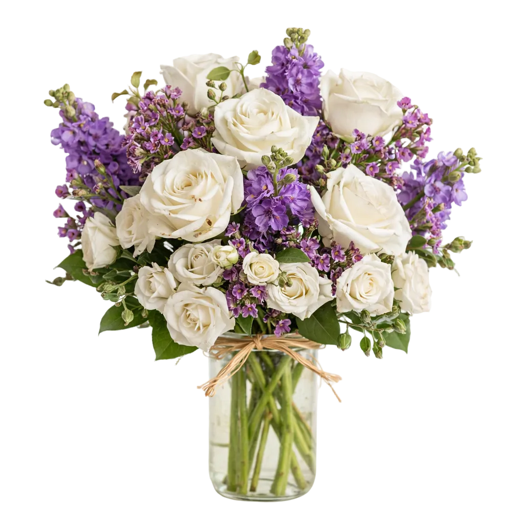 Pot Mason "Chalet Magique" - Roses Blanches et Lavande