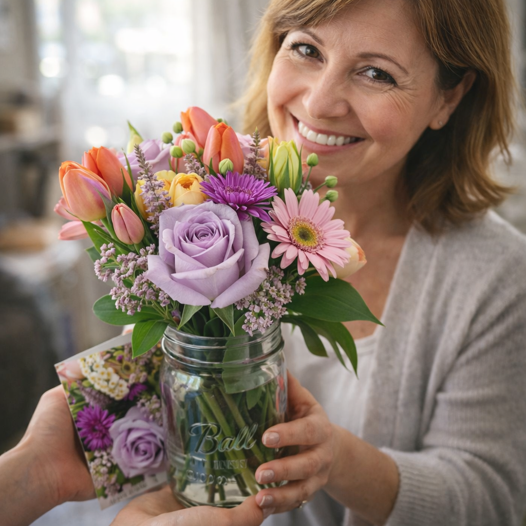 Mason Jar "Love Mom" ​​- Lavender and Pastel Roses