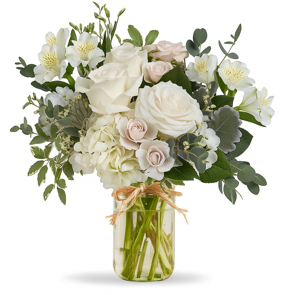 Pot Mason "Nuages Tranquilles" - Roses Blanches - Toutes Occasions - Fleur Quebec