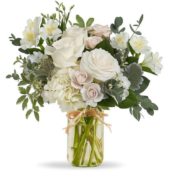 Pot Mason "Nuages Tranquilles" - Roses Blanches - Toutes Occasions