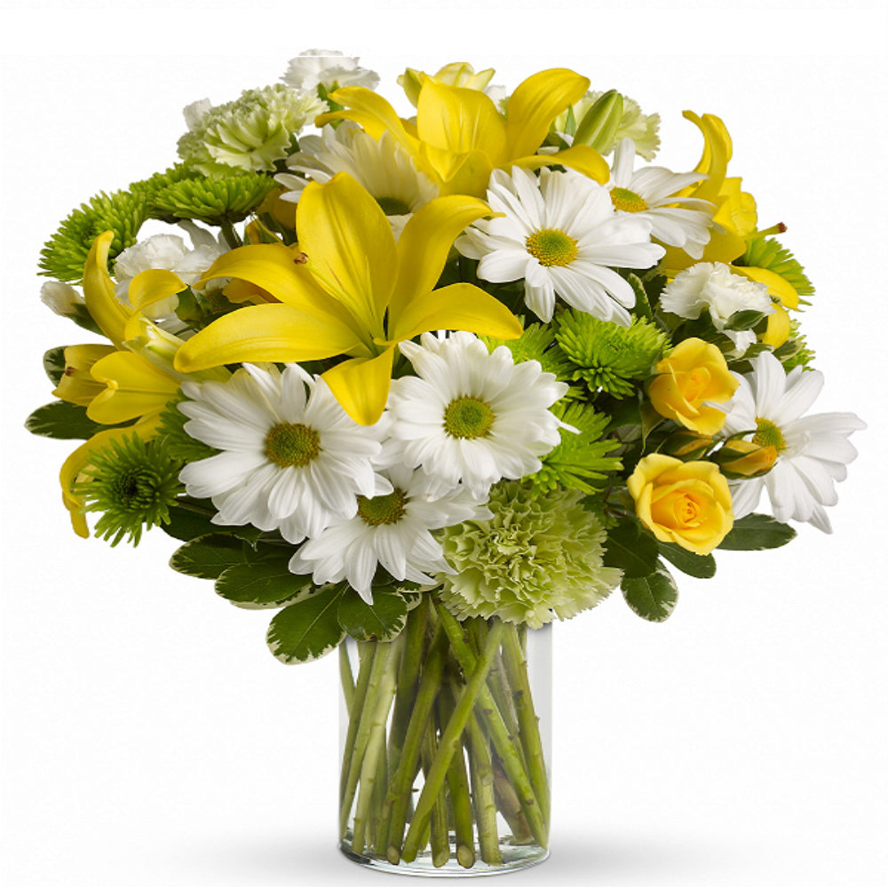 "Bright Morning" Bouquet - Yellow, Green and White Roses - Congratulations