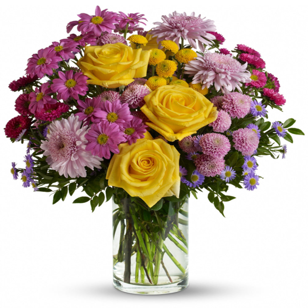 "Summer Romance" Bouquet - Yellow Roses, Bright Pink, Purple and Lavender - Anniversary