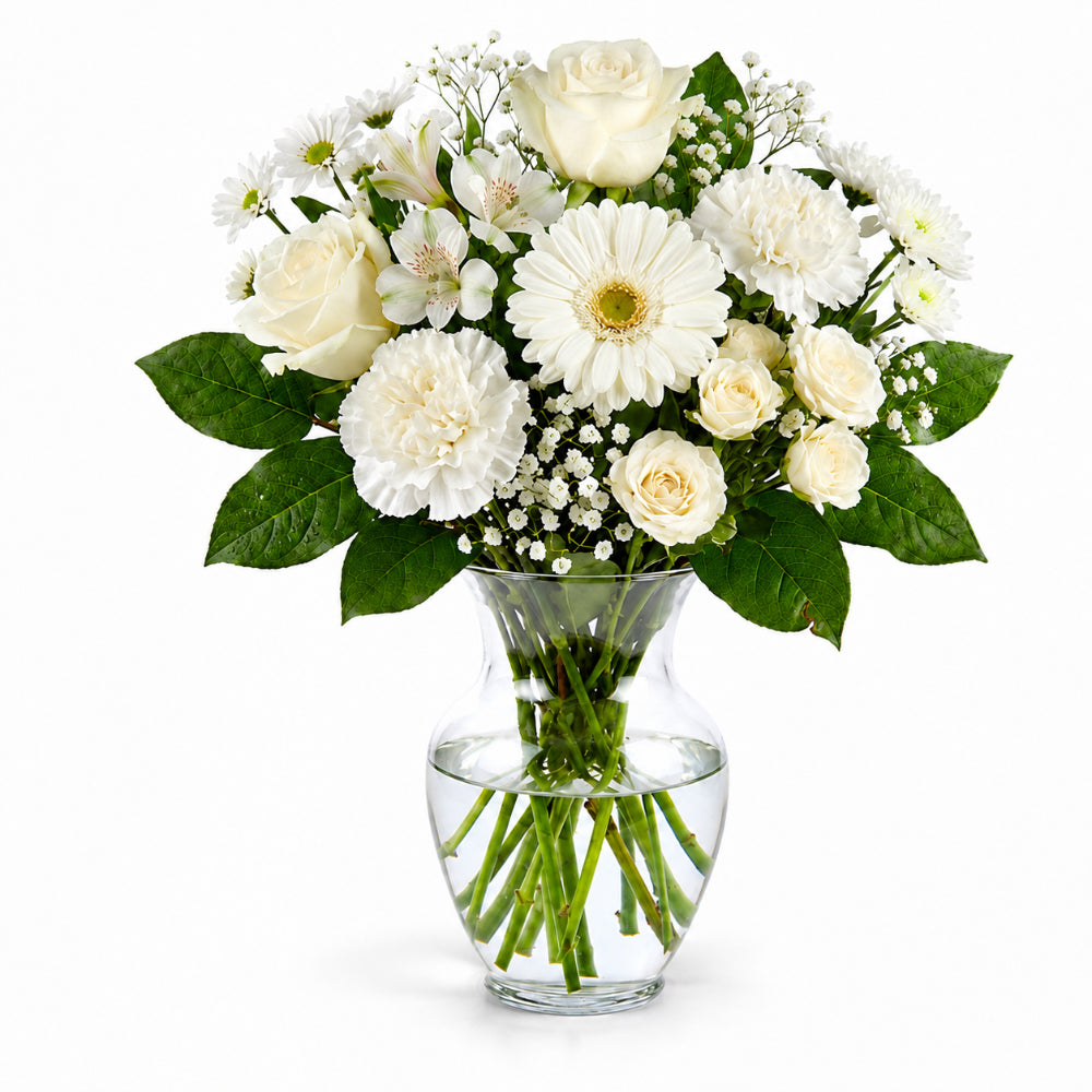 Choix du fleuriste – Bouquet blanc avec vase