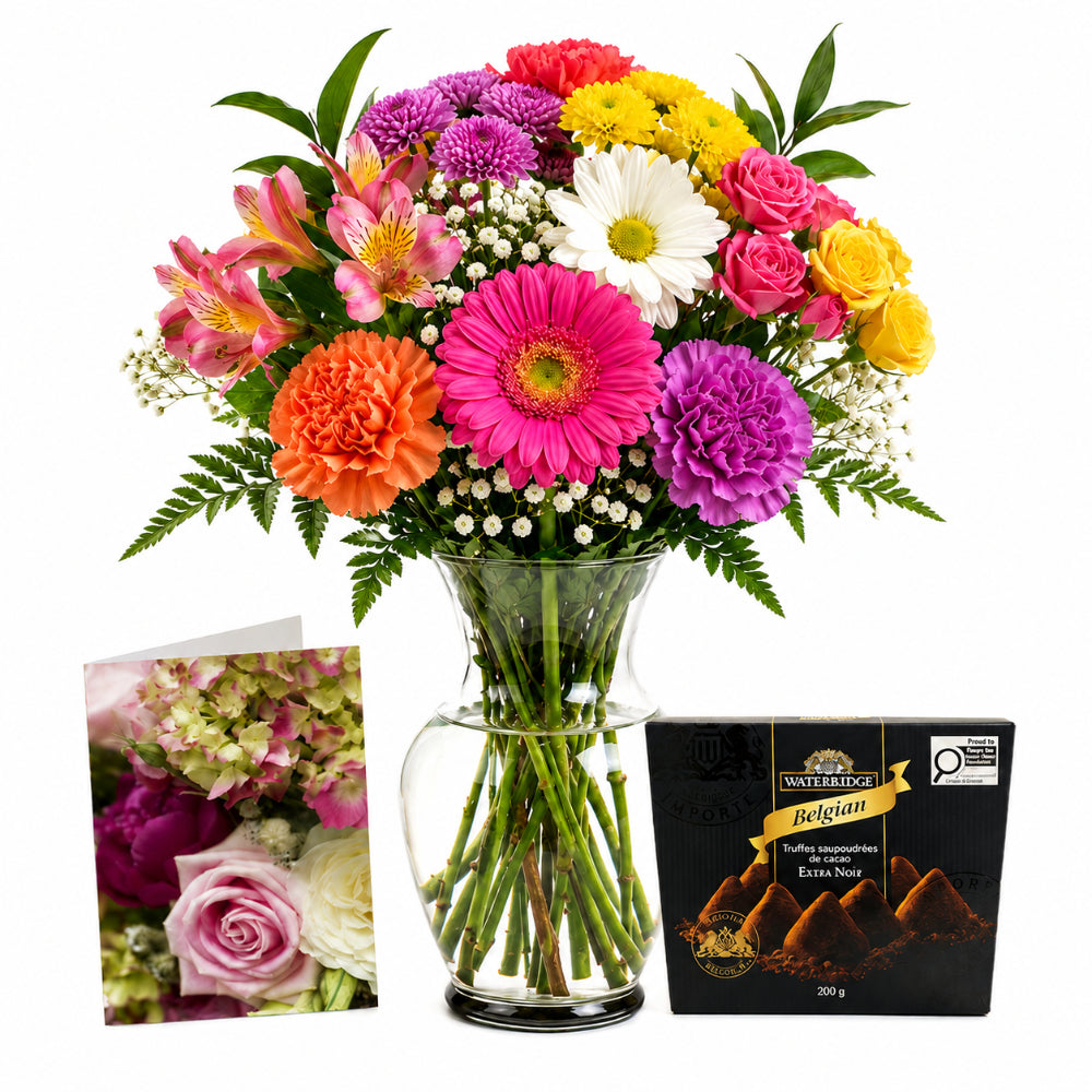 Choix du fleuriste – Bouquet de luxe avec vase, carte et truffes