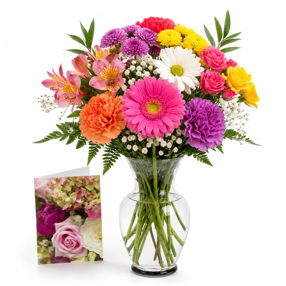 Choix du fleuriste – Couleurs vives avec vase et carte