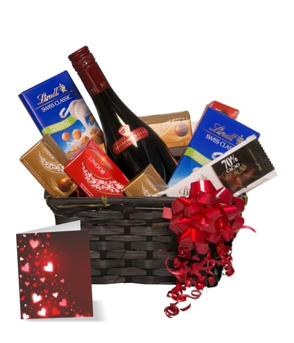 Panier Dégustation Lindt & Vin Rouge (750ml) – Chocolats Belges et Vin Fin en Osier