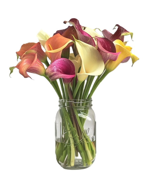 Bouquet vibrant de lys Calla dans un pot Mason rustique
