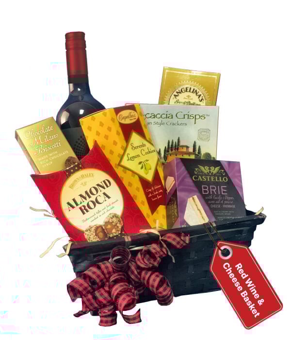 Panier-cadeau gourmand de vin rouge et de fromage