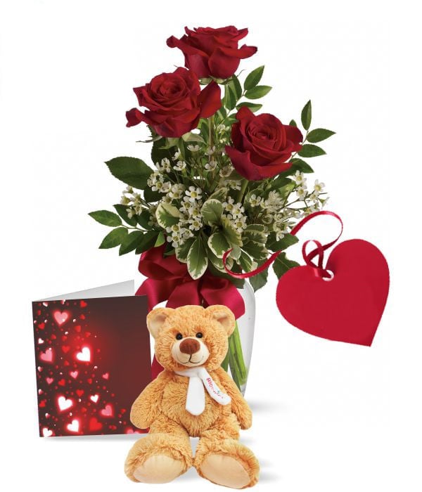 Coffret cadeau romantique roses et ours en peluche