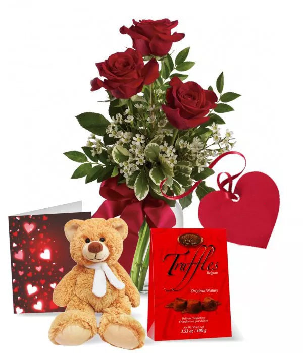 Coffret cadeau de luxe rose, ours en peluche et truffes au chocolat